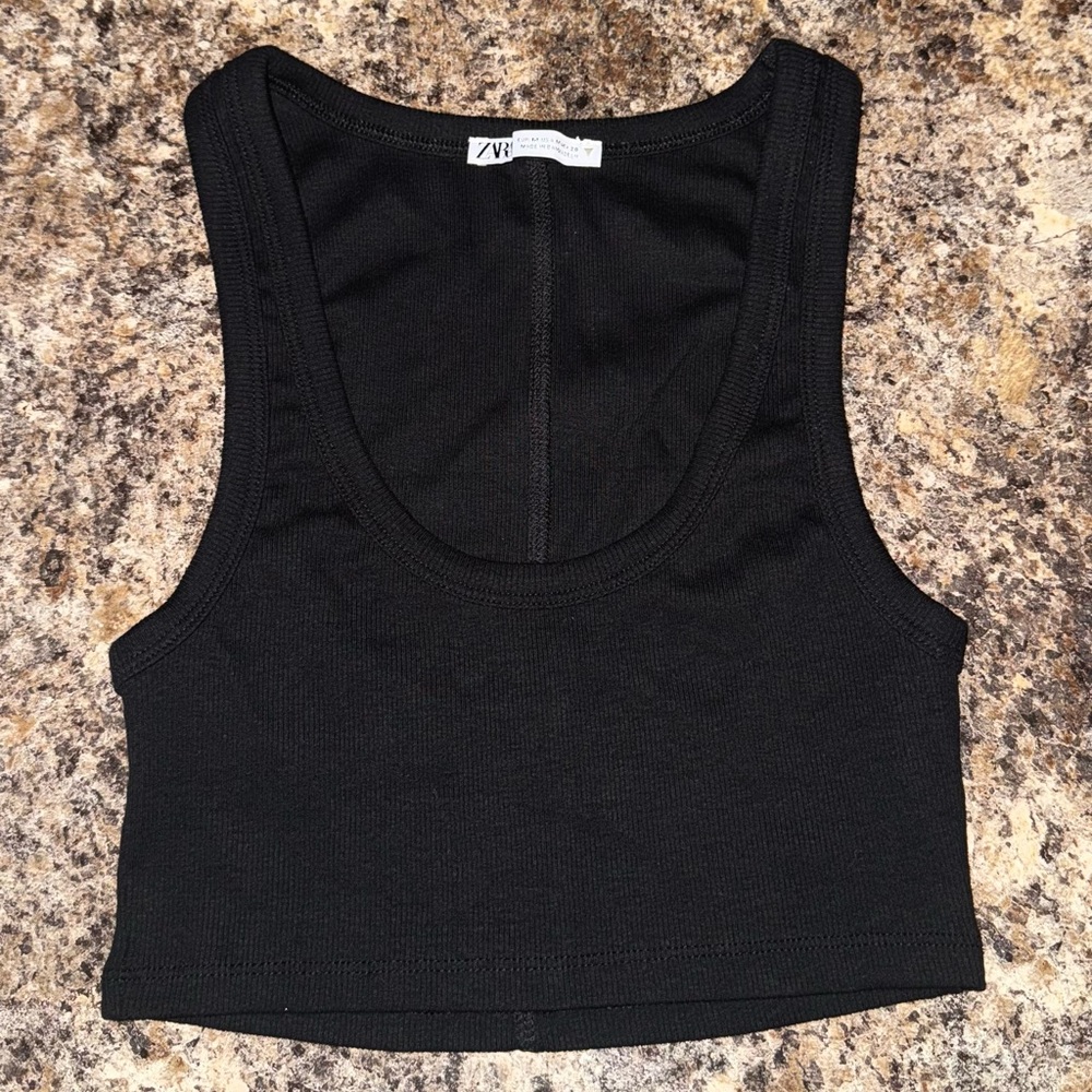Zara Basic Black Ribbed Scoop Neck Crop Tank - Size M